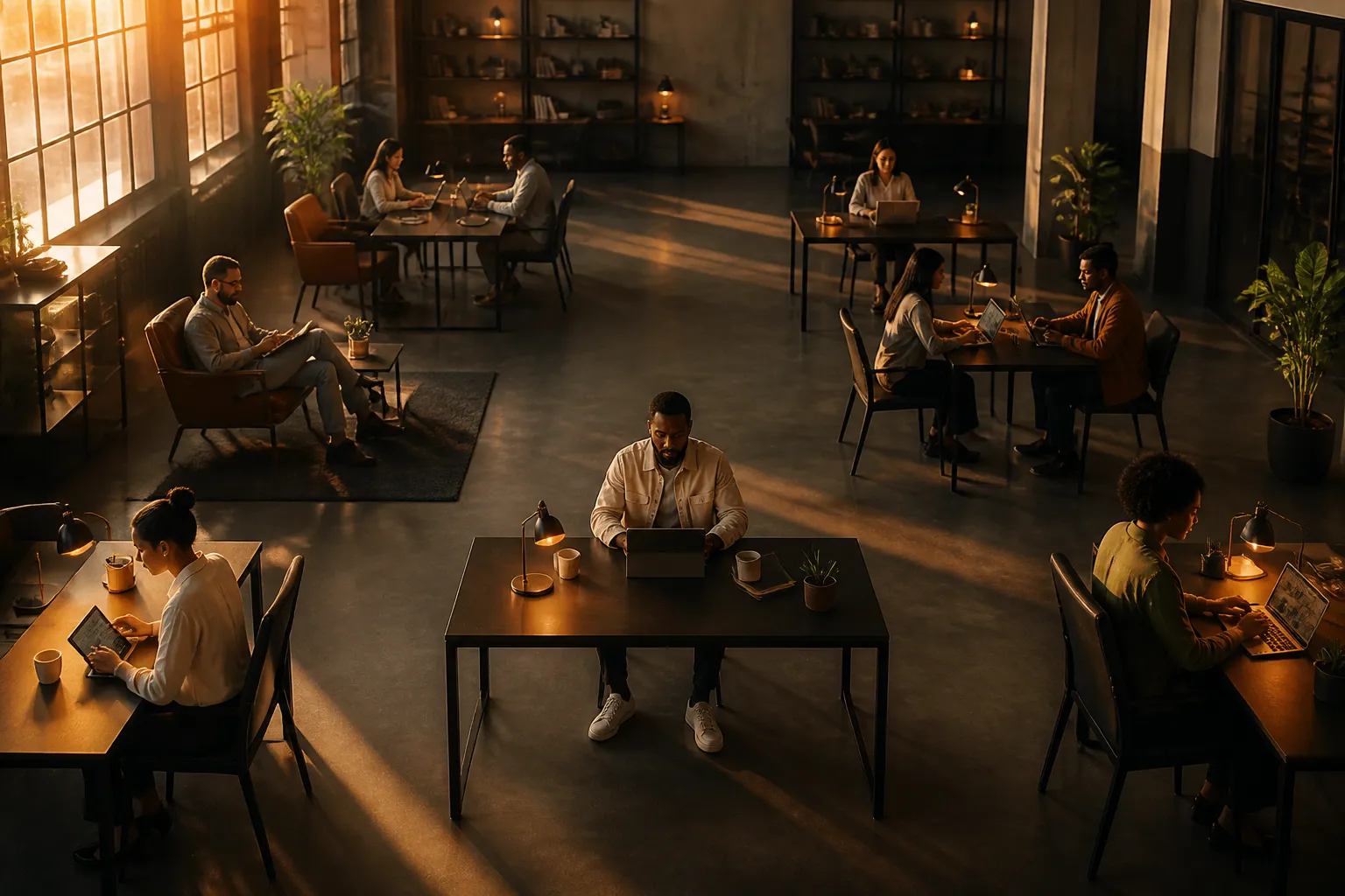 Diverse team of entrepreneurs and creators working in a modern office space