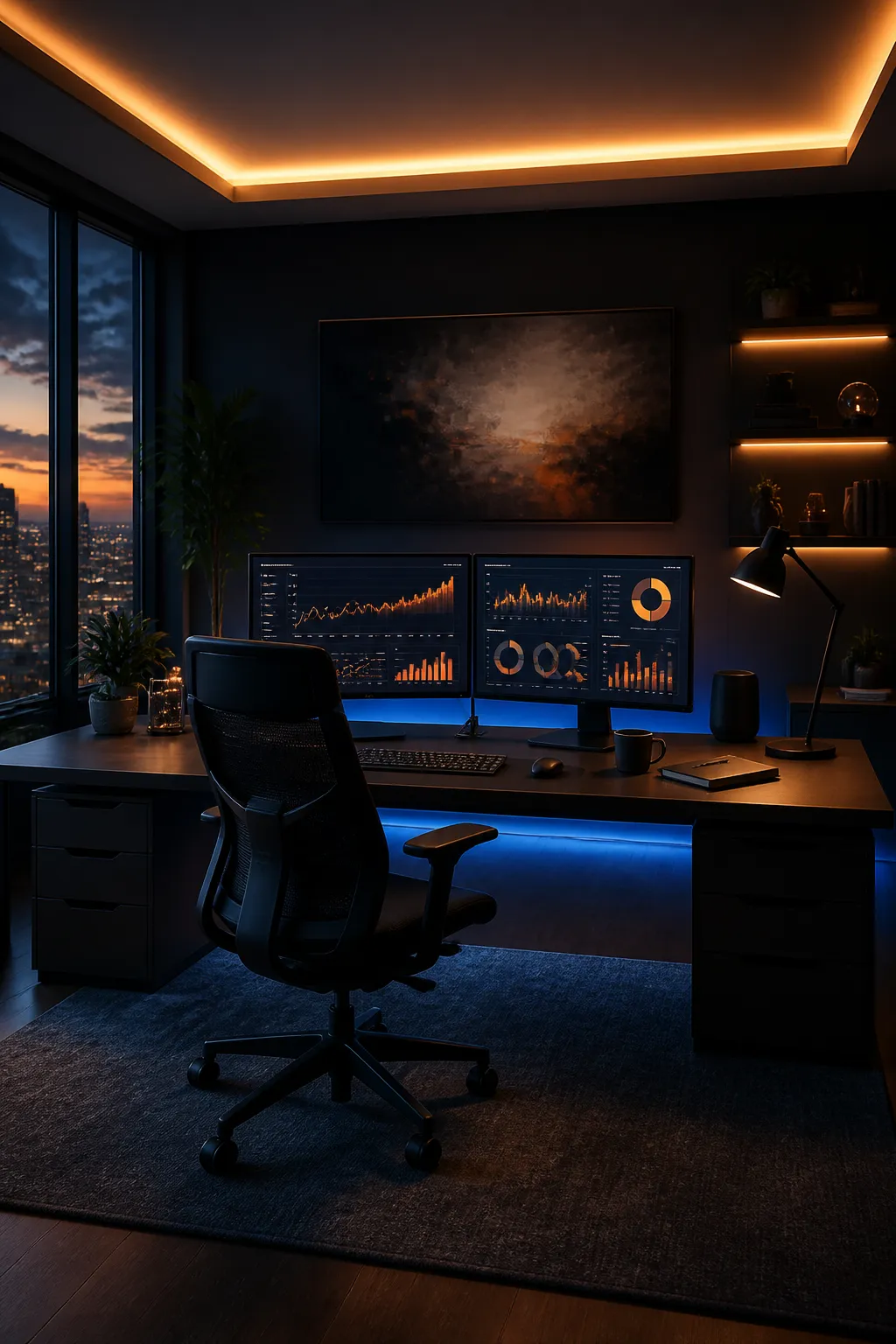 Entrepreneur working at a modern desk with AI-powered dashboards on dual screens