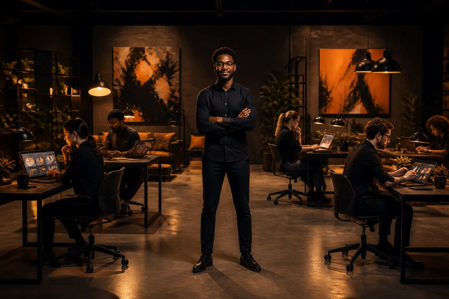 Diverse team of modern business professionals working with AI tools in a contemporary studio
