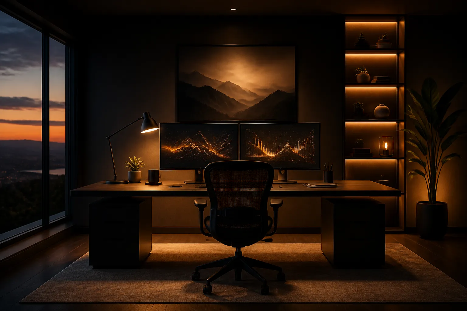 Modern entrepreneur workspace with glowing dashboard screens in a dark environment