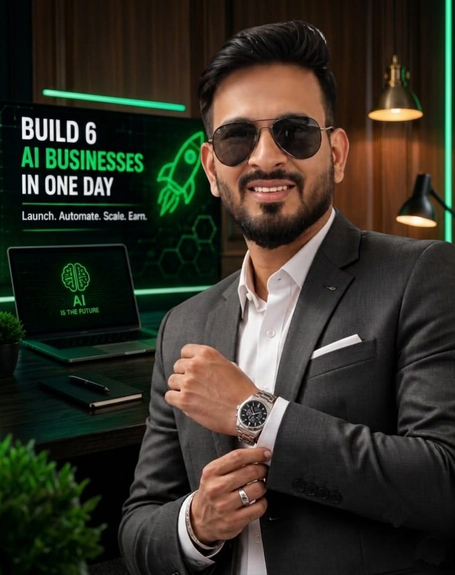 VAIKAS.ai Founder - entrepreneur in a suit with AI business setup in background